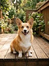 Photo of a smiling corgi with a tan and white coat sitting on a sunlit wooden porch