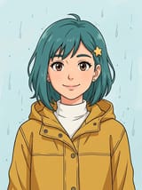 Anime-style illustration of a young woman with a teal bob, a yellow star hair clip and a mustard raincoat, smiling against a pale blue rainy background