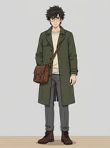 Full-body anime illustration of a young man with round glasses, an olive trench coat and a leather satchel on a plain gray background