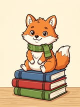 Cartoon illustration of a chubby orange fox cub in a green knitted scarf sitting on three books