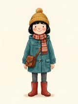 Full-body storybook girl with a black bob, mustard pom-pom beanie, teal duffel coat, striped scarf, and red boots on a plain cream background