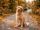 Photo of a golden retriever sitting on a gravel path among fallen maple leaves in an autumn park