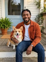 Photo of a smiling bearded man in a rust corduroy shirt sitting on porch steps with his arm around a corgi