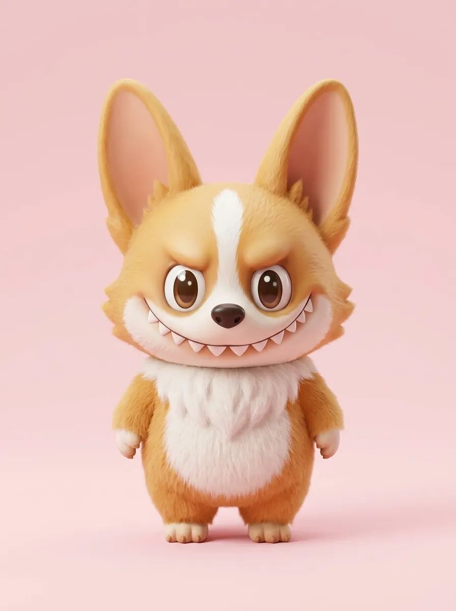 Labubu-style toy version of the corgi with a tan coat, white blaze and chest and tall upright ears on a pastel pink backdrop