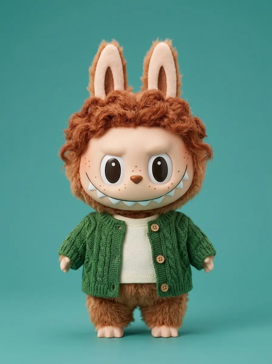 Labubu-style toy with curly auburn fur tufts, freckles and a tiny green cable-knit cardigan on a teal backdrop