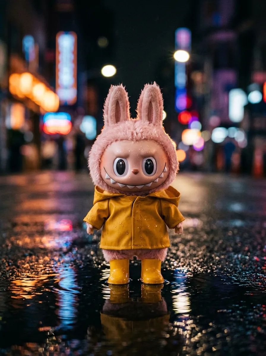 Pale-pink fuzzy Labubu-style toy in a mustard raincoat and yellow rain boots standing in a puddle on a rainy night street with blurred neon lights