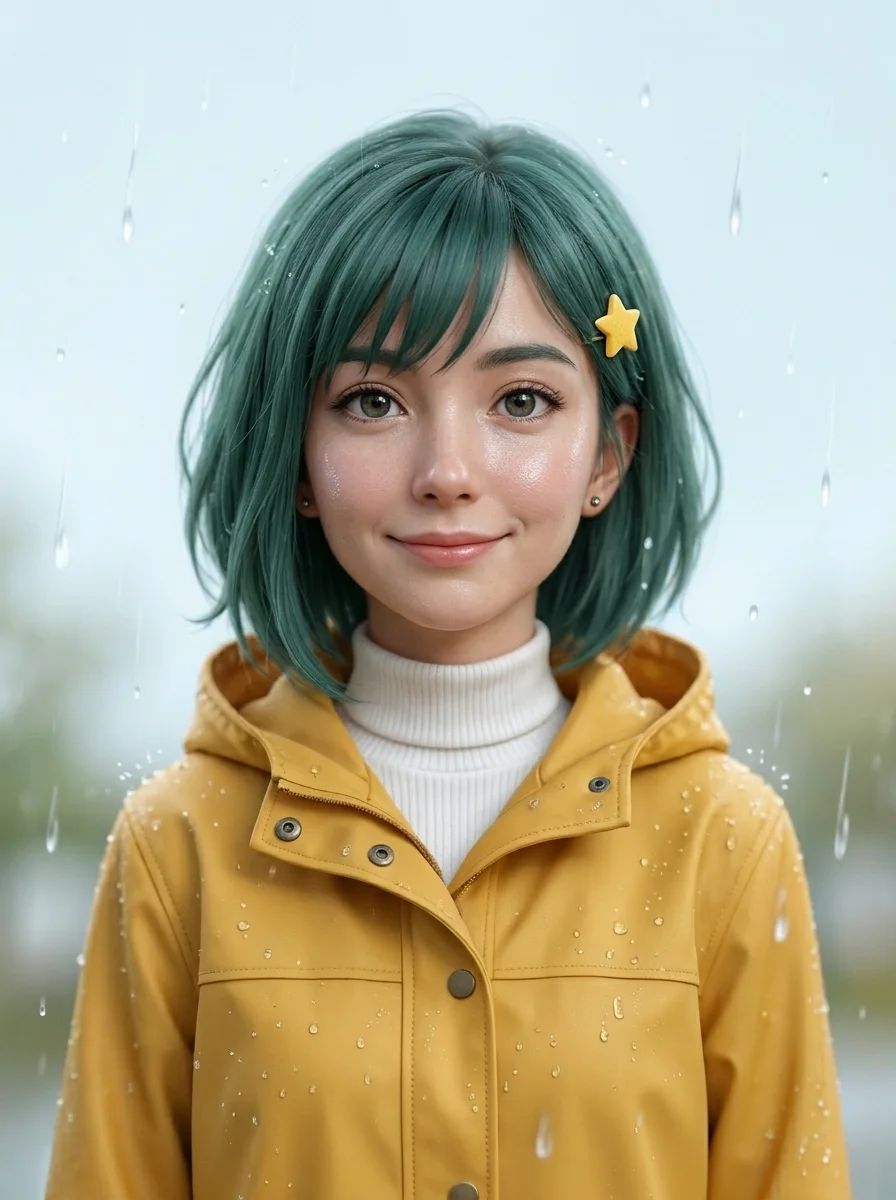 Realistic photograph of a young woman with a teal bob, a yellow star hair clip and a mustard raincoat, lit by soft daylight, made from an anime illustration