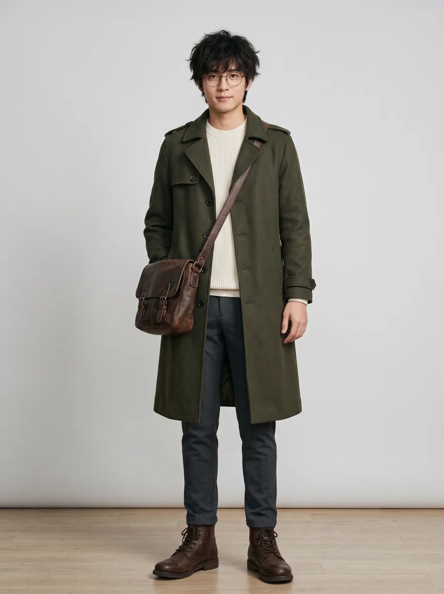 Full-length studio photograph of a young man with round glasses, an olive trench coat and a leather satchel, made from an anime illustration