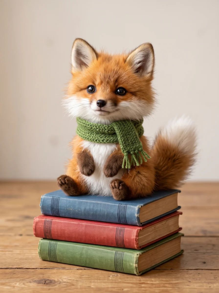 Hyper-realistic photograph of an orange fox cub in a green knitted scarf sitting on three books, with fine fur detail, made from a cartoon illustration