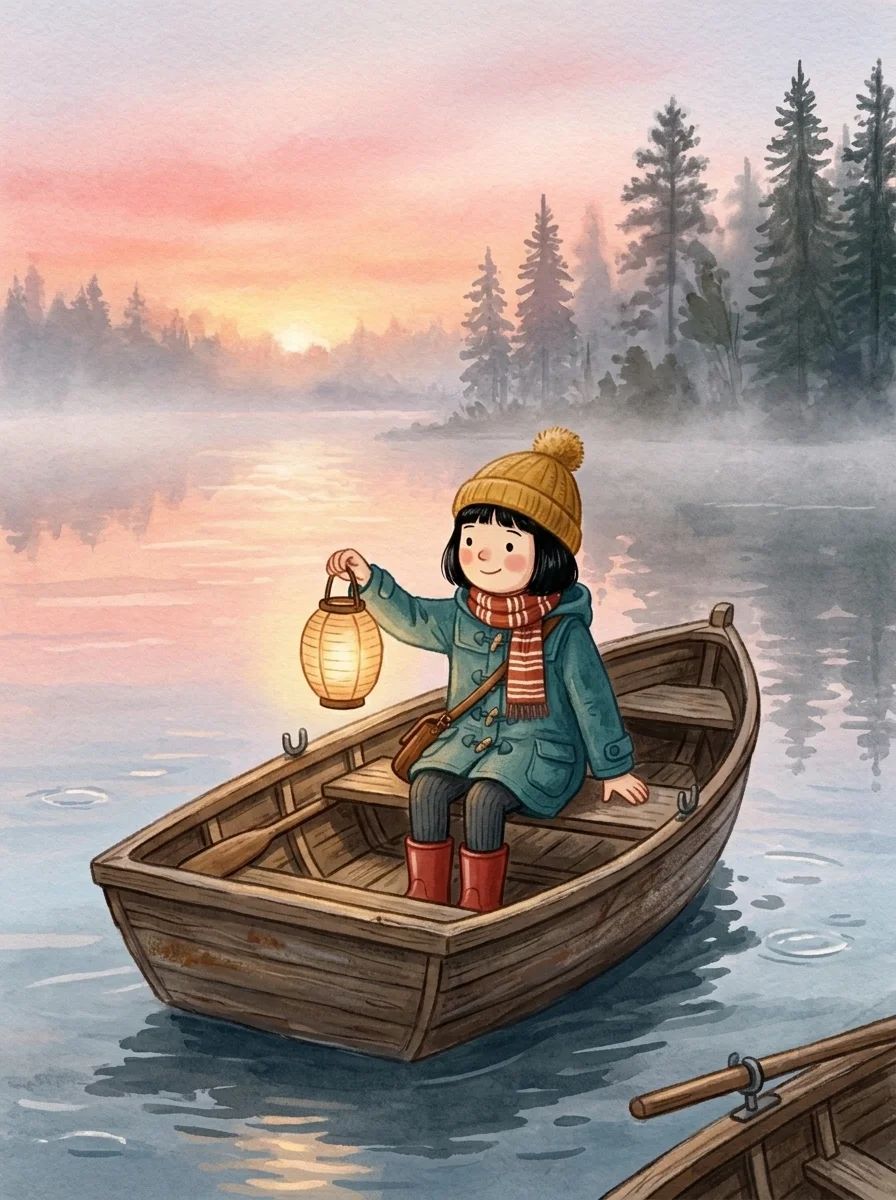 The same storybook girl in a mustard beanie and teal duffel coat holding up a paper lantern in a rowing boat on a misty lake at sunrise