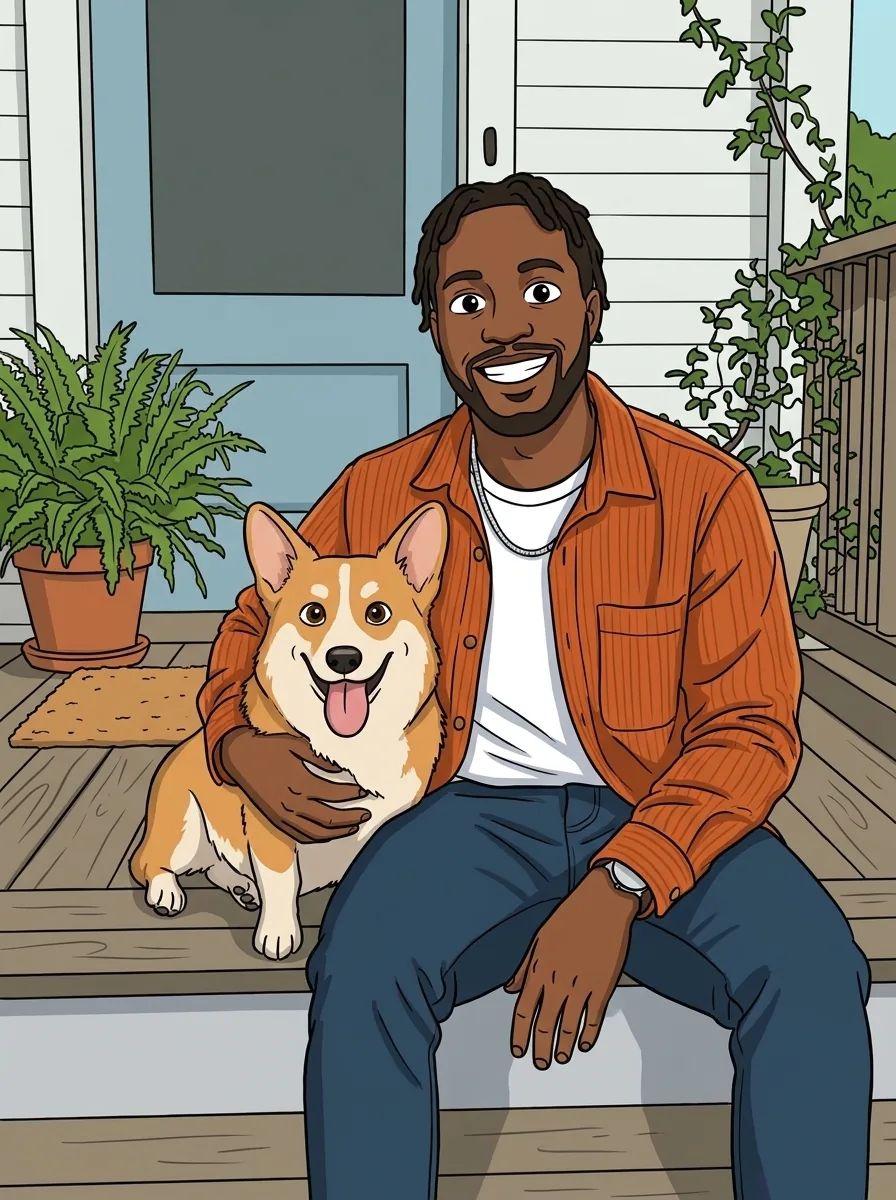 Classic 2D cartoon of a smiling bearded man in a rust shirt hugging his corgi on porch steps, made from a photo