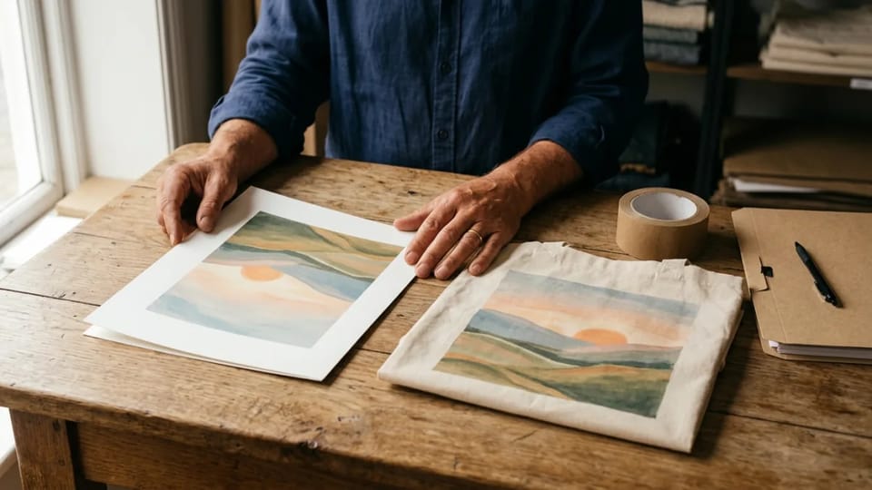 A shop owner's hands rest on a printed illustrated landscape poster proof beside a printed tote bag, a roll of packing tape and a paper folder on a wooden desk