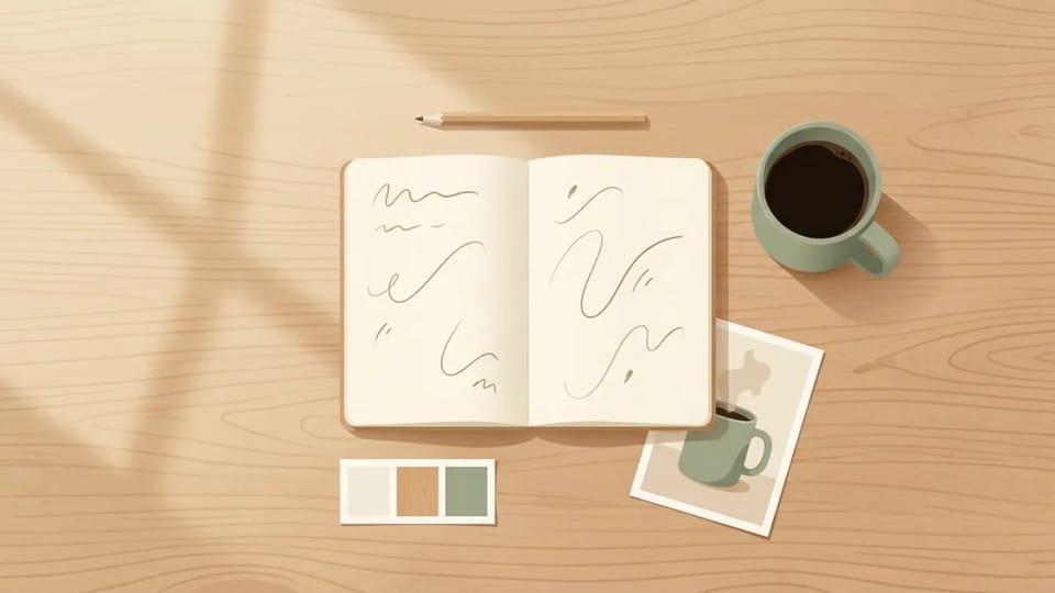 Flat illustration of a desk from above with a notebook, a sage-green mug of black coffee, color swatches and a small mug print