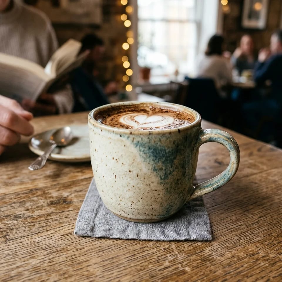 A speckled cream ceramic mug with heart-shaped latte foam on a wooden cafe table, with a person reading a book and other people blurred behind it