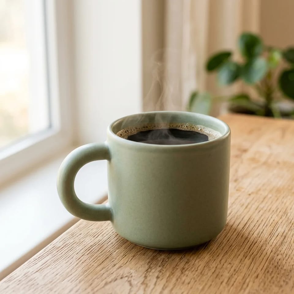 A matte sage-green ceramic mug of steaming black coffee on a light oak table beside a bright window, with a blurred potted plant behind it