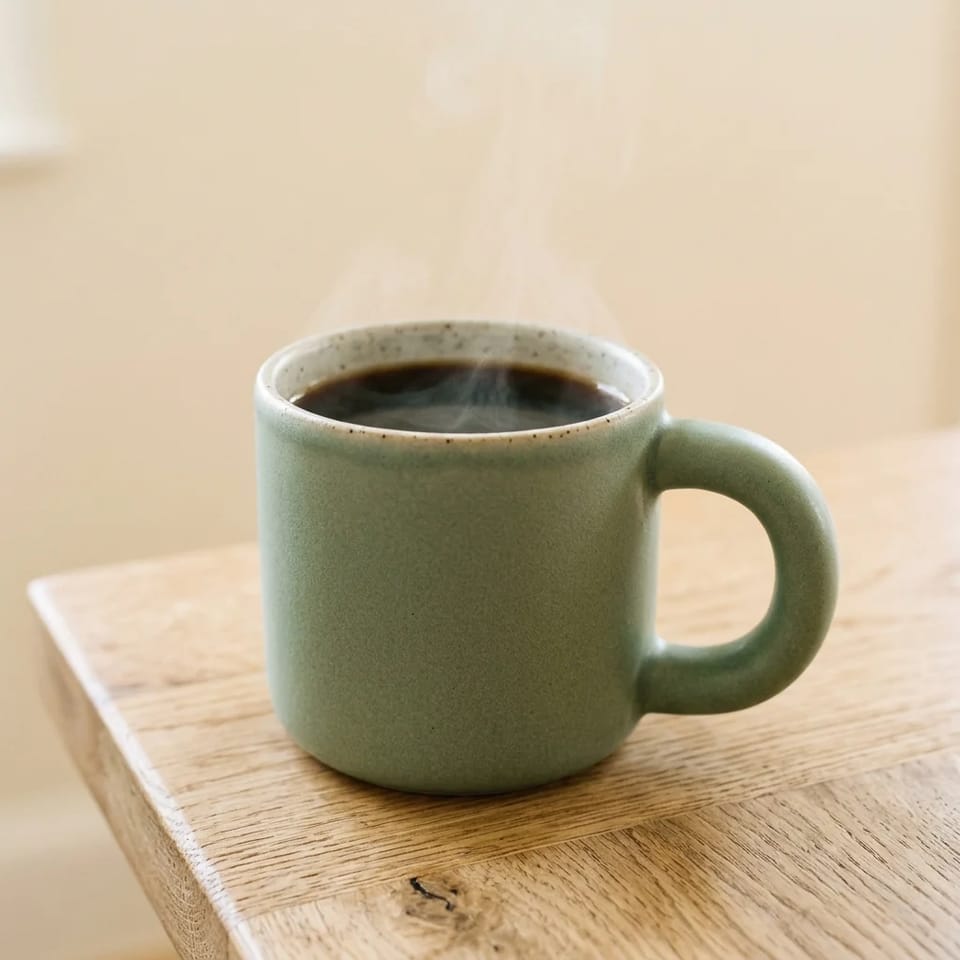 A matte sage-green ceramic mug of steaming black coffee on a light oak table in front of a plain cream wall