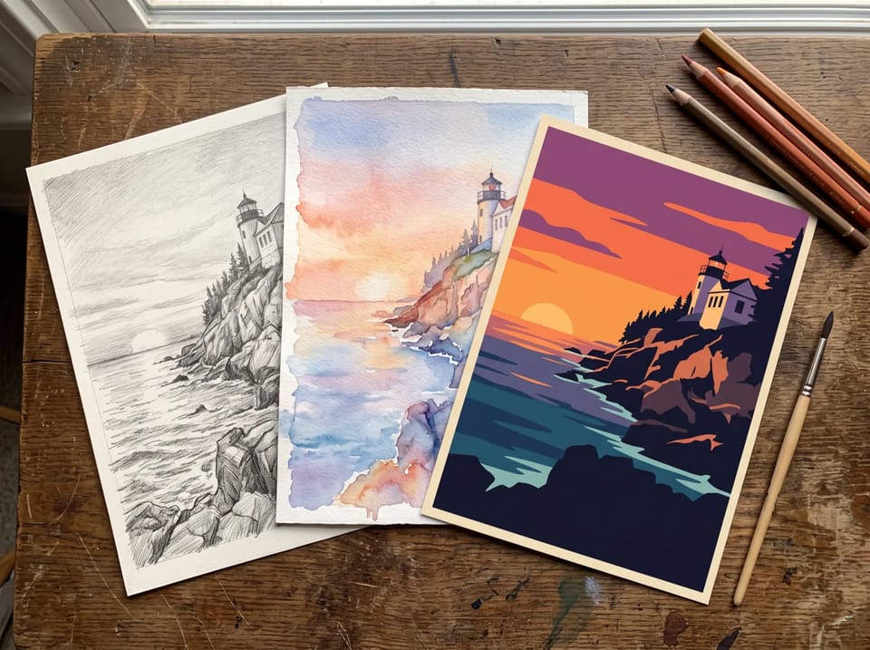The same lighthouse on a rocky coast at sunset as a pencil sketch, a watercolor painting, and a flat-color poster illustration on a wooden desk