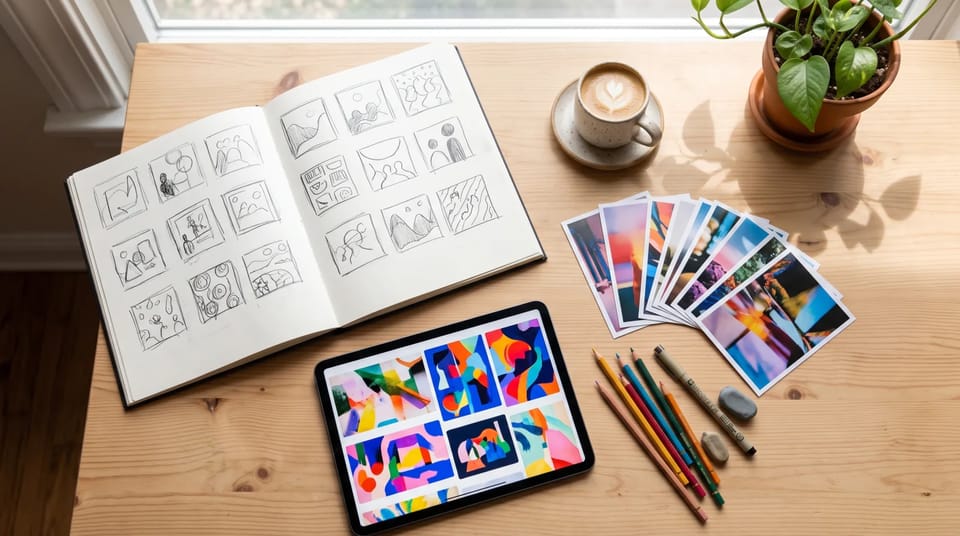A sunlit desk with a sketchbook of thumbnail drawings, a tablet showing colorful abstract pictures, fanned photo prints, a coffee, a houseplant, and colored pencils