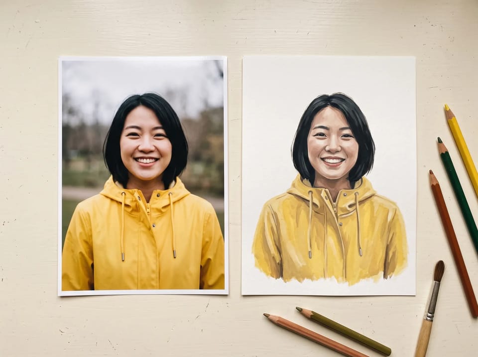 A photo portrait of a smiling woman in a yellow raincoat beside a gouache painting of the same portrait on a cream desk