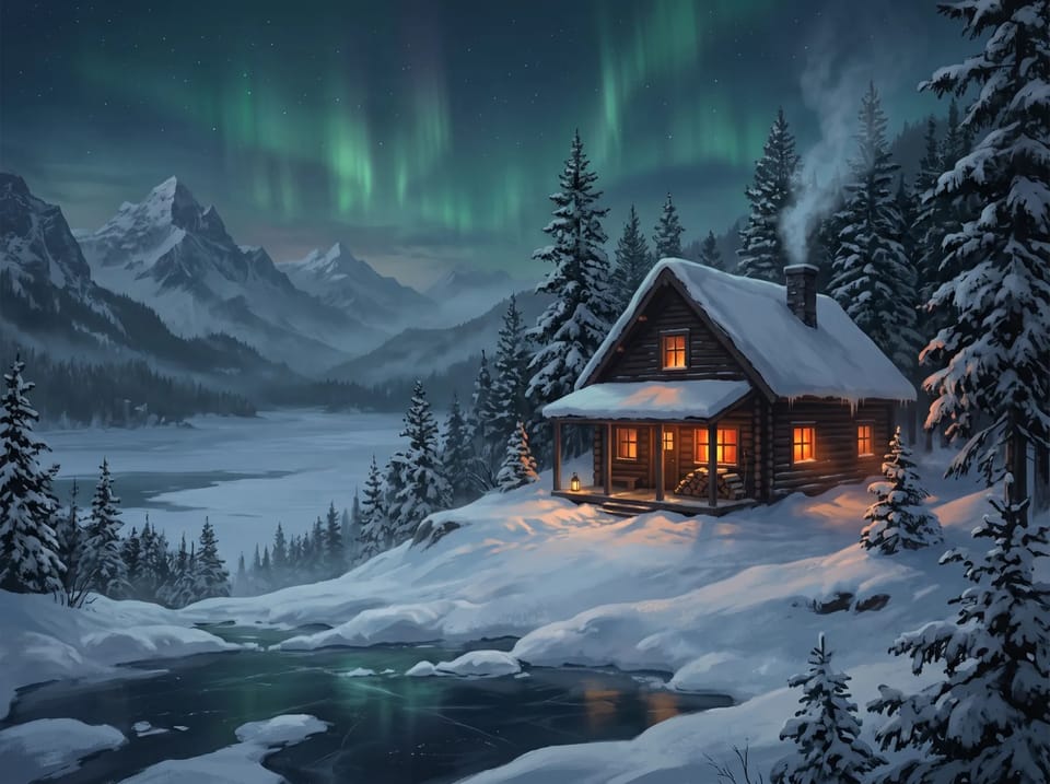 A snow-covered log cabin with glowing windows beside a frozen lake, under green northern lights and snowy mountains at twilight