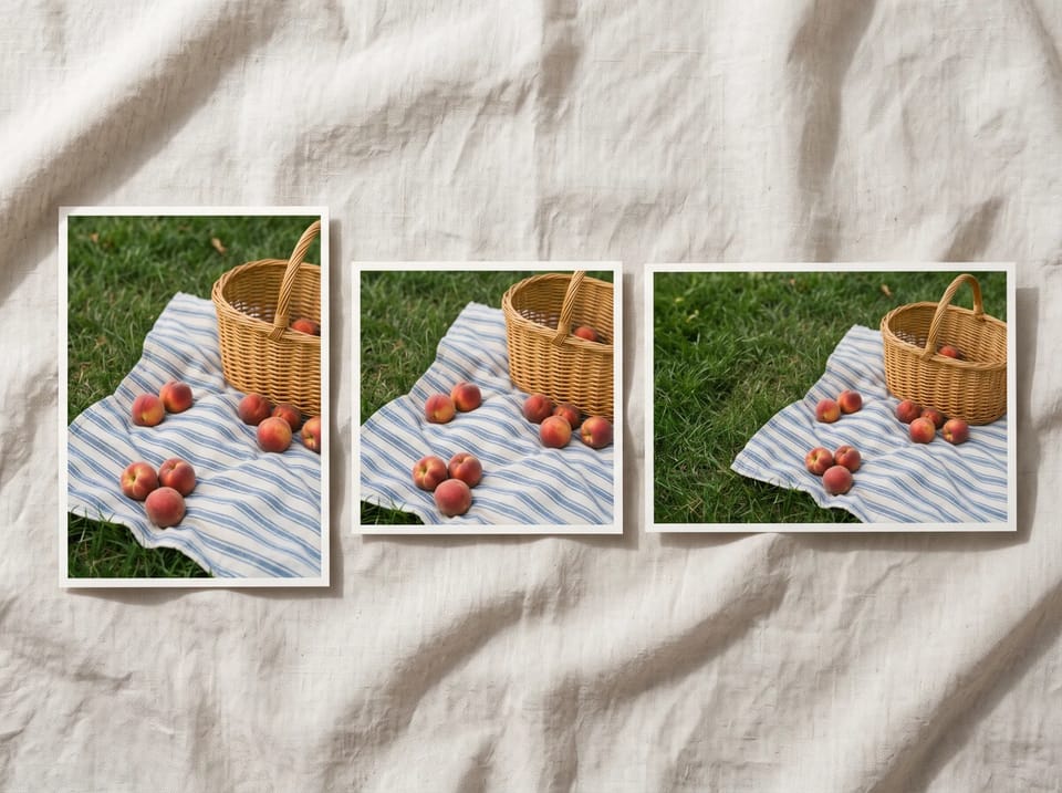Three paper prints of the same picnic scene with a wicker basket, peaches, and a striped blanket, cropped as a tall vertical, a square, and a wide horizontal print on linen