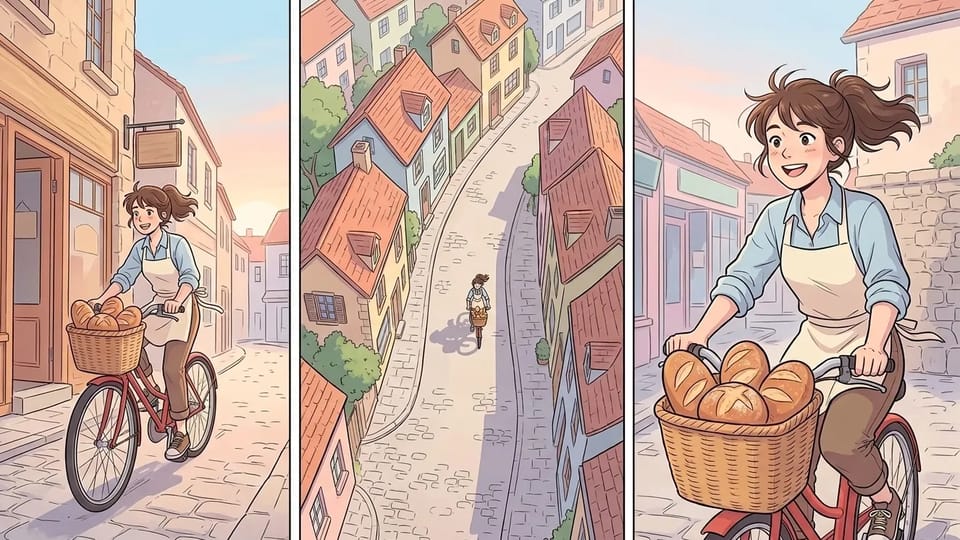 Three tall webtoon-style panels of a young baker in an apron riding a red bicycle with a basket of loaves: leaving a bakery at sunrise, seen from above on a cobbled street, and smiling close up