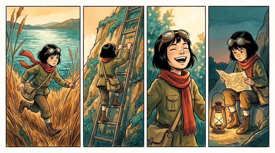 Four-panel row showing the same girl with a short black bob, goggles and a red scarf running through reeds, climbing a ladder, laughing and reading a map by lantern light