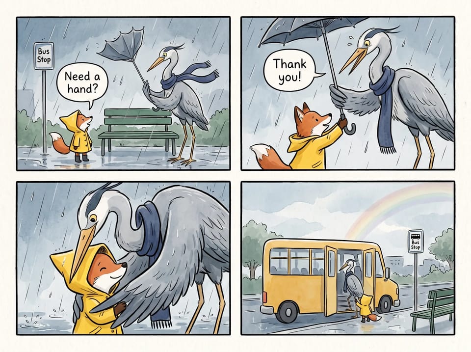 Four-panel comic page: a fox in a yellow raincoat offers help to a heron whose umbrella flipped in the wind, they share a hood in the rain, then board a yellow bus under a rainbow