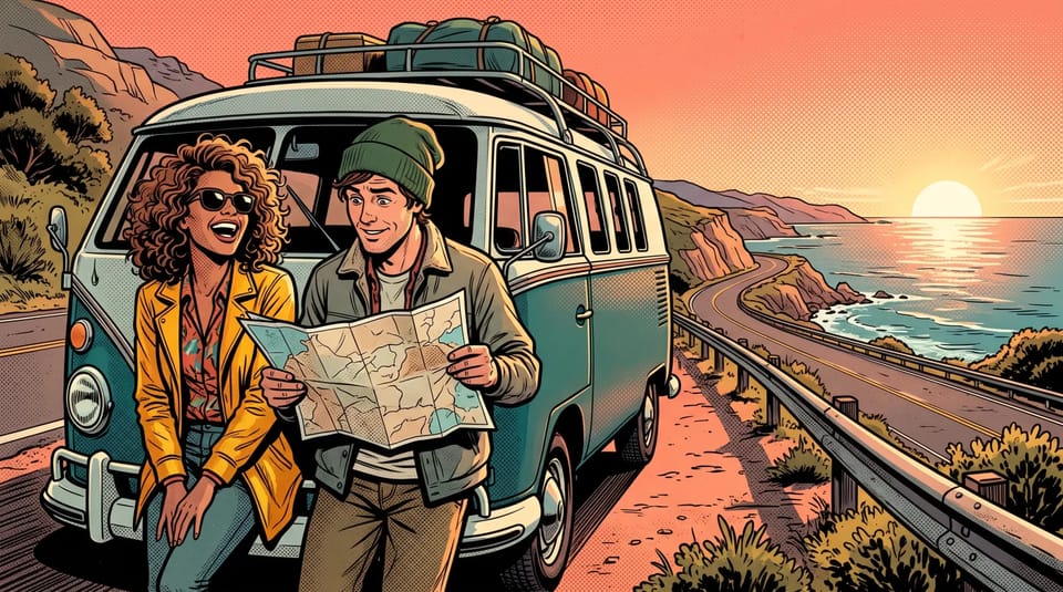 Pop-art comic illustration of a woman in a yellow jacket and a man in a green beanie holding a map beside a vintage camper van on a coastal road at sunrise