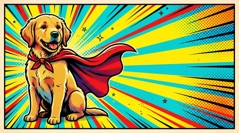 Pop-art comic illustration of a golden retriever puppy in a red cape sitting in front of a yellow, red and cyan sunburst with halftone dots