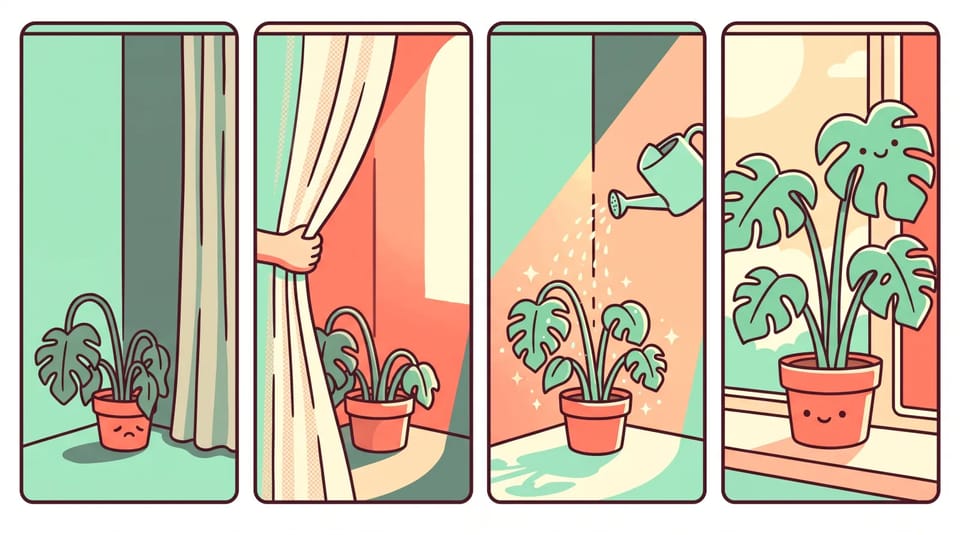 Four flat-colour comic panels in mint and coral of a wilting potted plant that revives after the curtain opens and it is watered