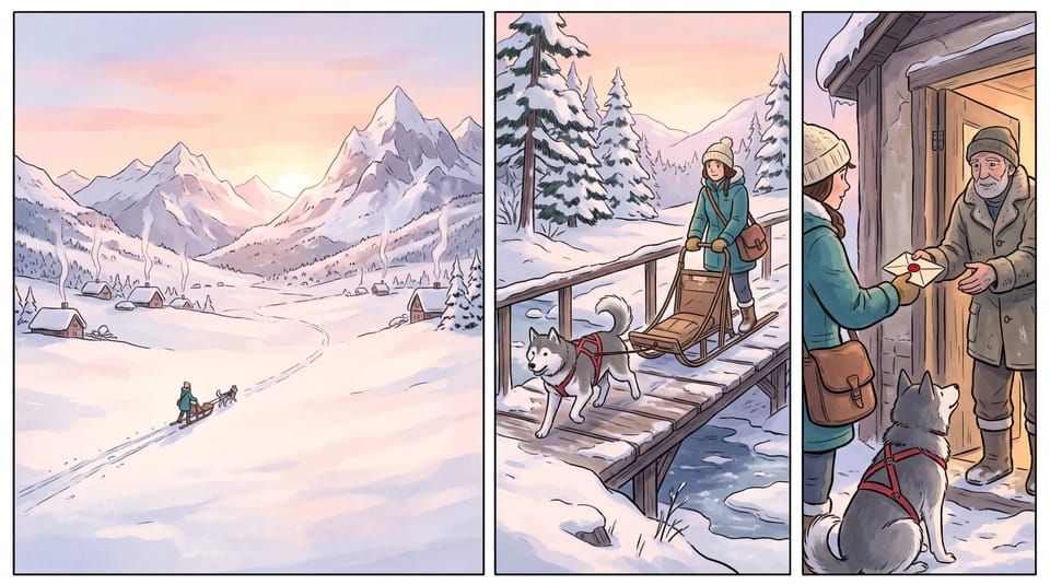 Three-panel comic strip of a postwoman and her husky: a snowy mountain village at dawn, a footbridge crossing and a letter handed to an old man at his door
