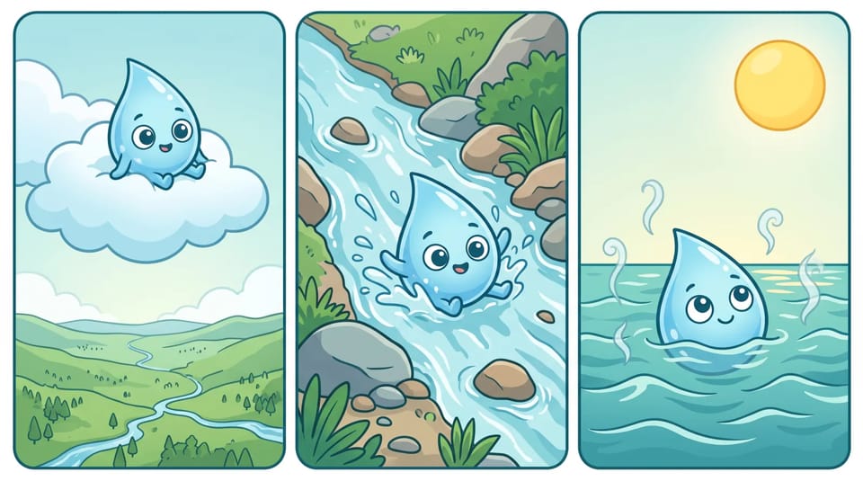 Three cartoon panels of a smiling blue raindrop sitting on a cloud, riding a mountain stream and floating in the sea under the sun