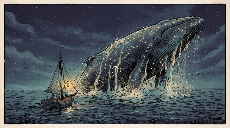 Inked graphic-novel splash panel of a small lantern-lit sailboat on a night sea beside a giant leaping whale covered in glowing constellations