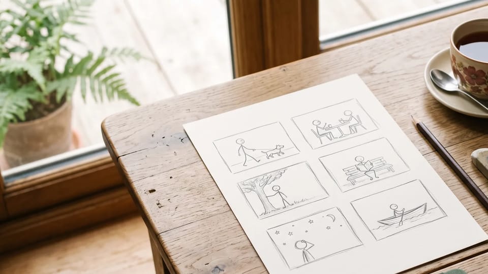 Wooden desk beside a window with a pencil sheet of six hand-drawn thumbnail frames of stick-figure scenes, a pencil and a cup of tea