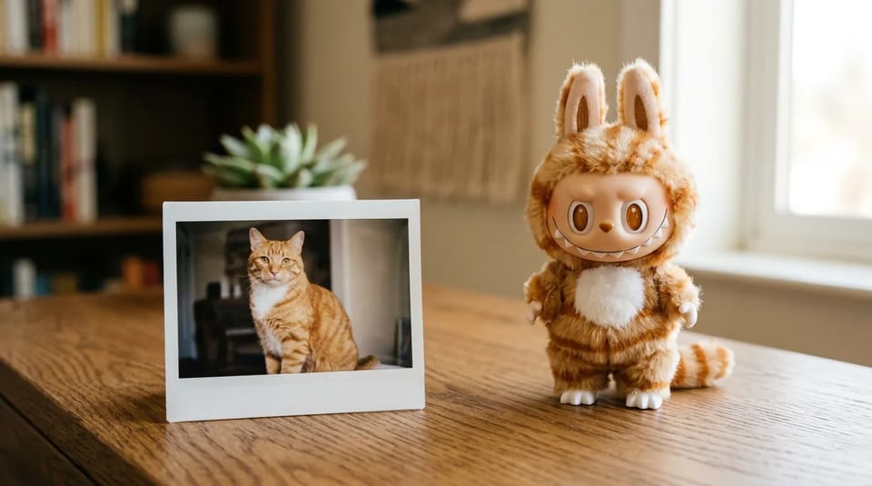Instant photo print of a ginger tabby cat on a wooden desk beside a Labubu-style toy with matching tabby stripes and a white chest