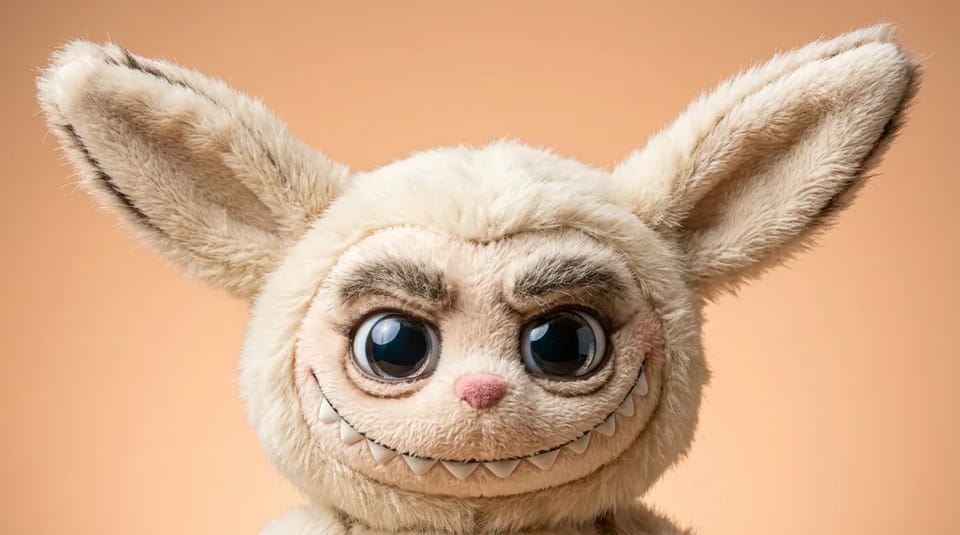 Close-up of a cream fuzzy Labubu-style toy face with tall pointed ears, glossy eyes and a grin of small serrated teeth on a peach backdrop