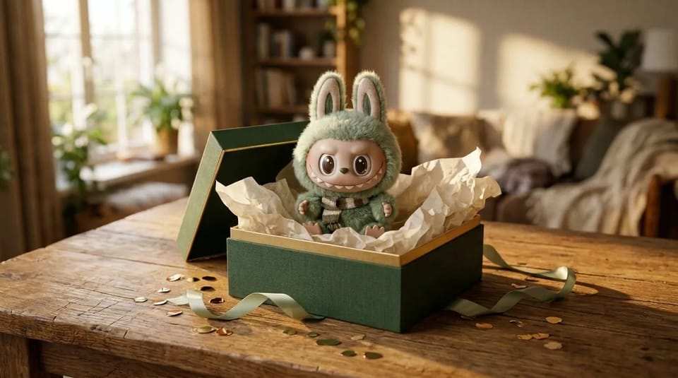Open green gift box with cream tissue paper and ribbon and a sage-green Labubu-style toy peeking out on a wooden table