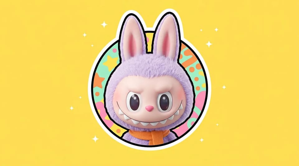 Lavender fuzzy Labubu-style toy head inside a round badge frame with ears poking out, on a bright yellow background