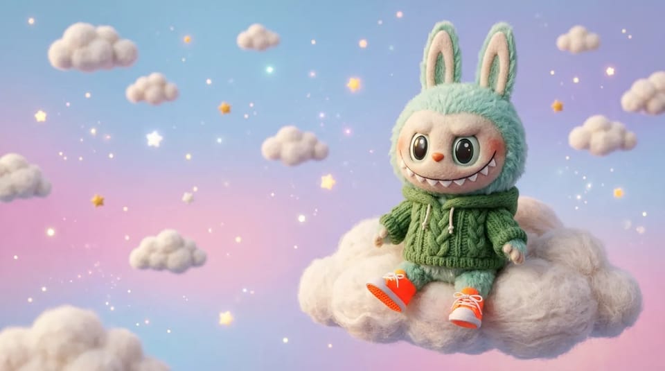 Mint-green fuzzy Labubu-style toy in a green knit hoodie and orange sneakers sitting on a fluffy cloud in a pastel sky with small stars