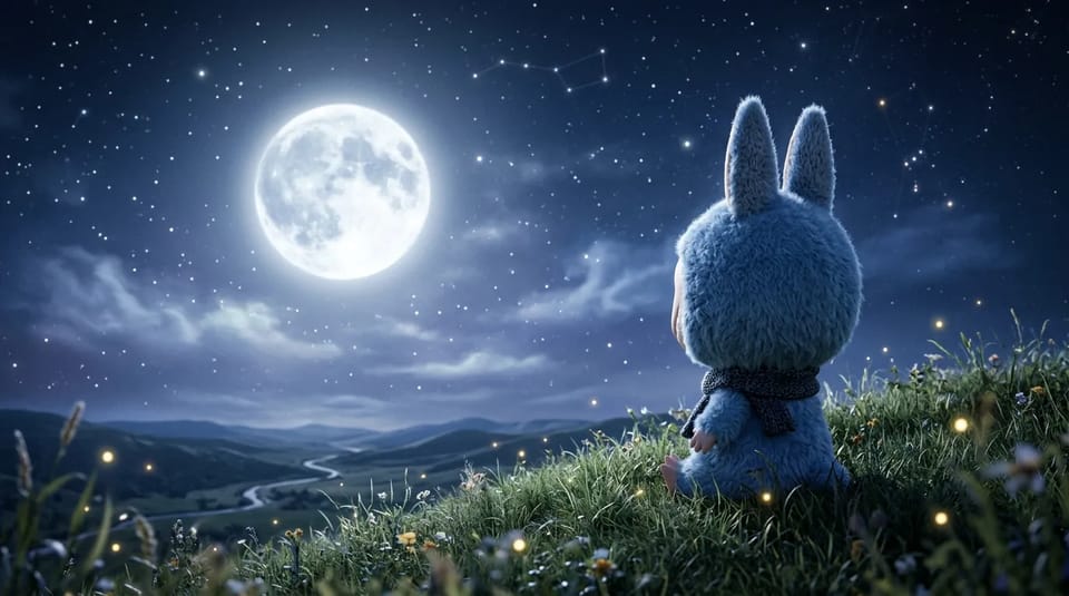 Blue fuzzy Labubu-style toy seen from behind on a grassy hill at night, looking at a huge glowing moon among fireflies and stars