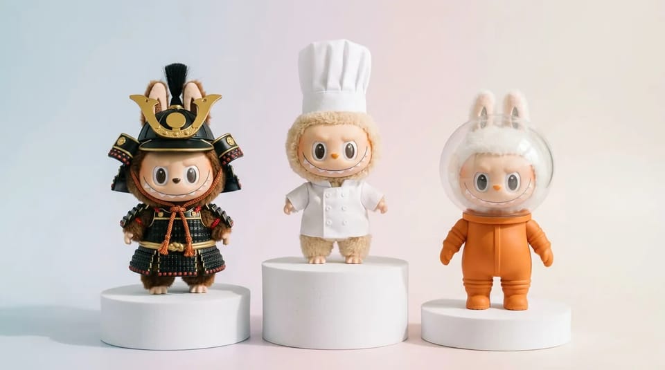 Three Labubu-style toys on white pedestals dressed as a samurai, a chef and an astronaut in a plain orange space suit