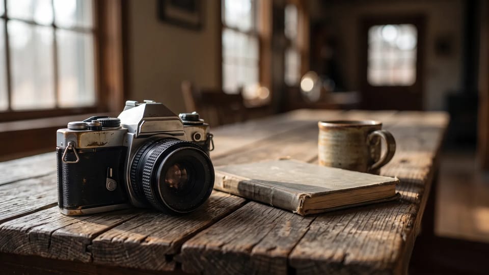 Vintage film camera with a 50mm lens on a worn wooden table beside a closed notebook and a ceramic mug in window light