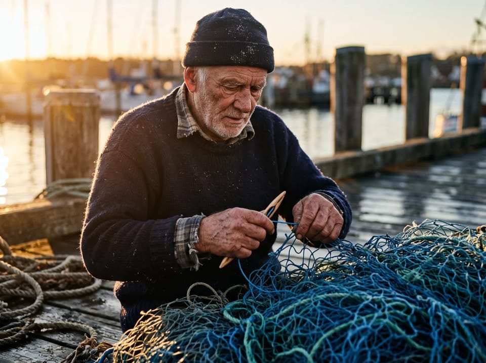 Elderly fisherman with a weathered face mending a blue fishing net on a wooden pier in low golden light