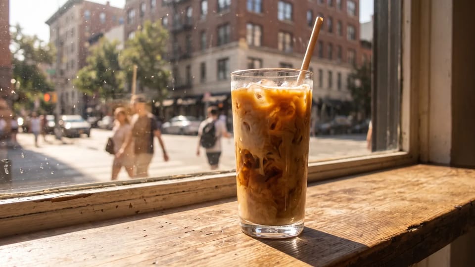 Glass of iced coffee with a paper straw on a sunlit café windowsill, with pedestrians and a street corner blurred behind the glass