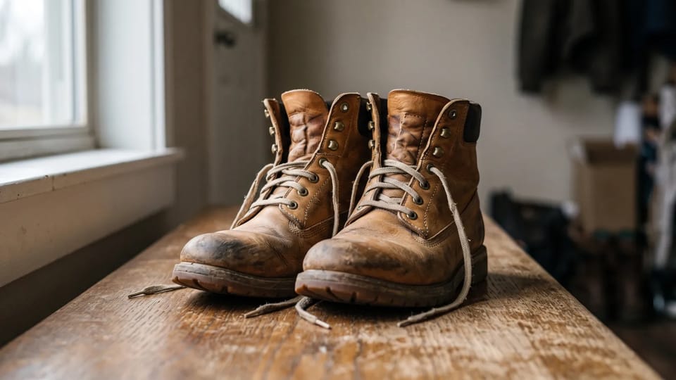 Pair of tan leather work boots with loose laces on a worn oak bench beside a window in soft daylight