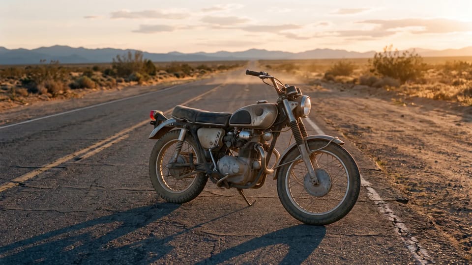 Vintage motorcycle parked on an empty desert road at sunset with long shadows and mountains in the distance