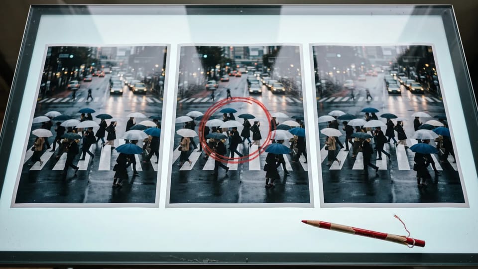 Three prints of the same rainy city crosswalk with umbrellas on a glowing light table, the middle print circled in red pencil