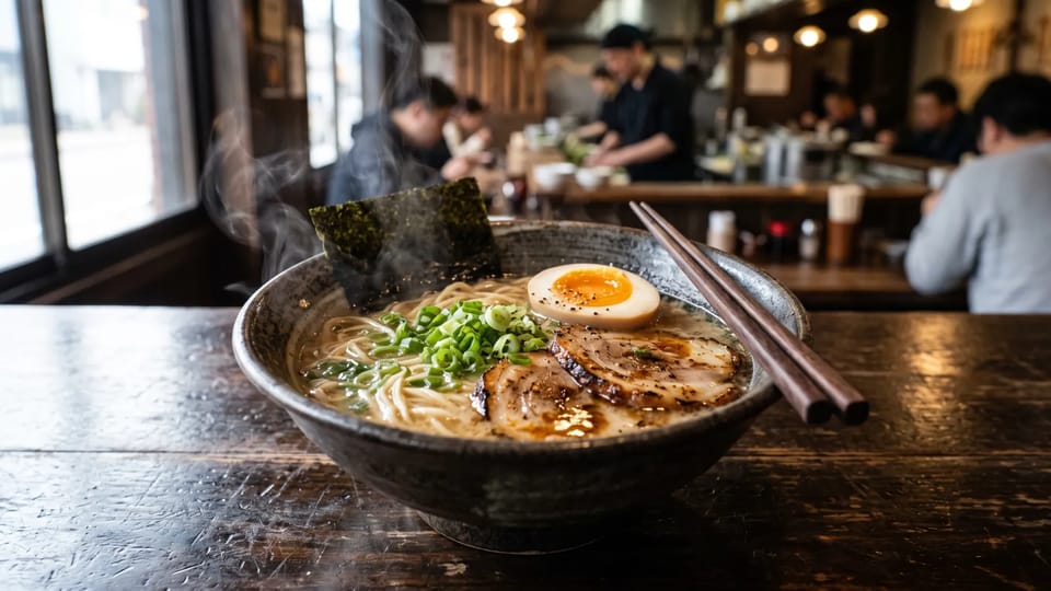 Steaming bowl of ramen with sliced pork, a soft-boiled egg half, green onion, and nori on a dark wooden counter in a busy ramen shop