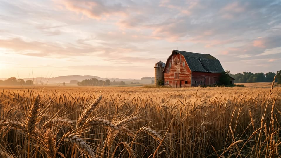Red barn with a silo in a golden wheat field under a soft pink and gold sky